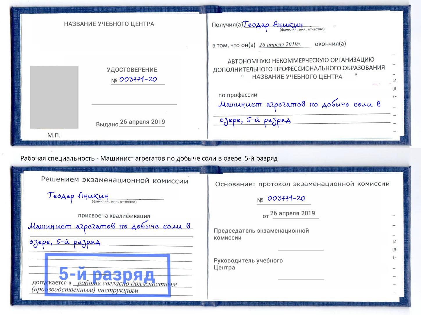 корочка 5-й разряд Машинист агрегатов по добыче соли в озере Новосибирск