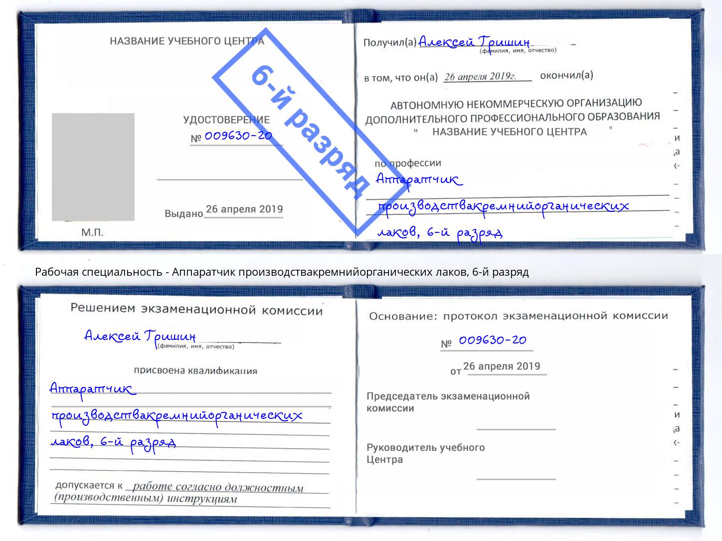 корочка 6-й разряд Аппаратчик производствакремнийорганических лаков Новосибирск