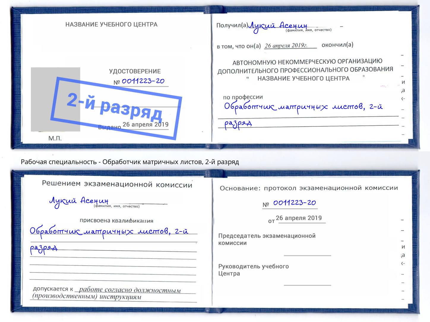 корочка 2-й разряд Обработчик матричных листов Новосибирск