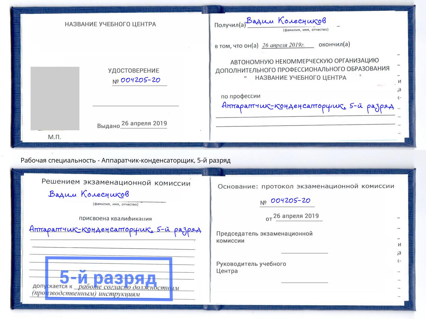 корочка 5-й разряд Аппаратчик-конденсаторщик Новосибирск